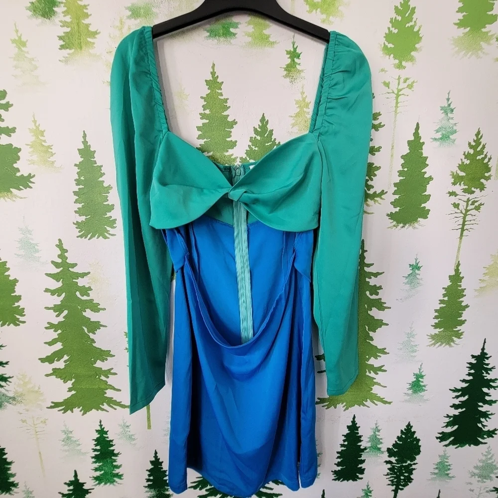 The Frolic Twist Front Satin Shift Mini Dress.